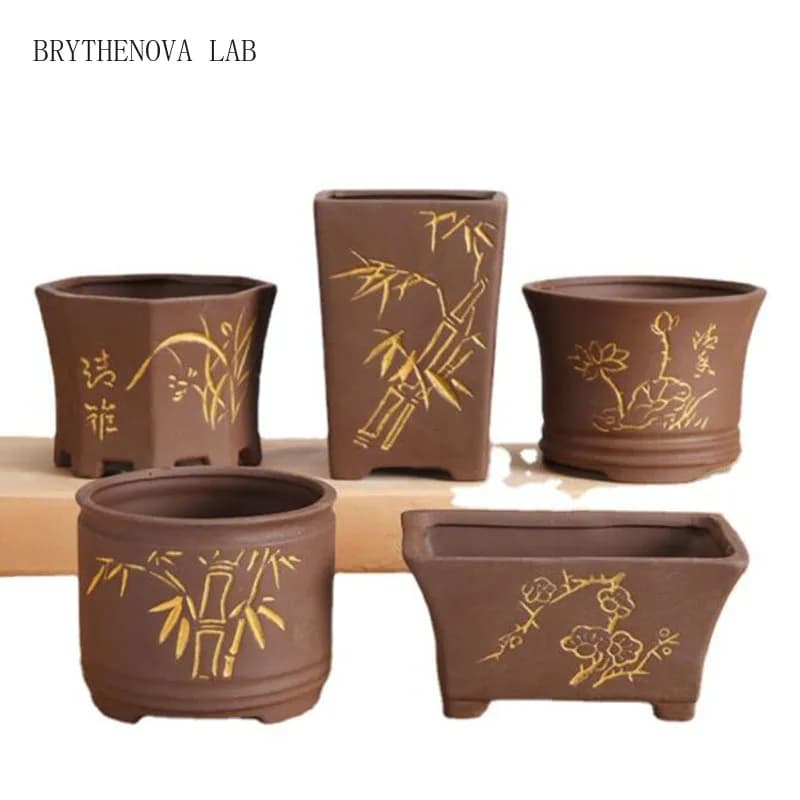 Purple Clay Succulent Plant Flowerpot Pure Handmade Ceramic Retro Pot Flower Bamboo Lotus Gold Outline Vase Balcony Home Decor