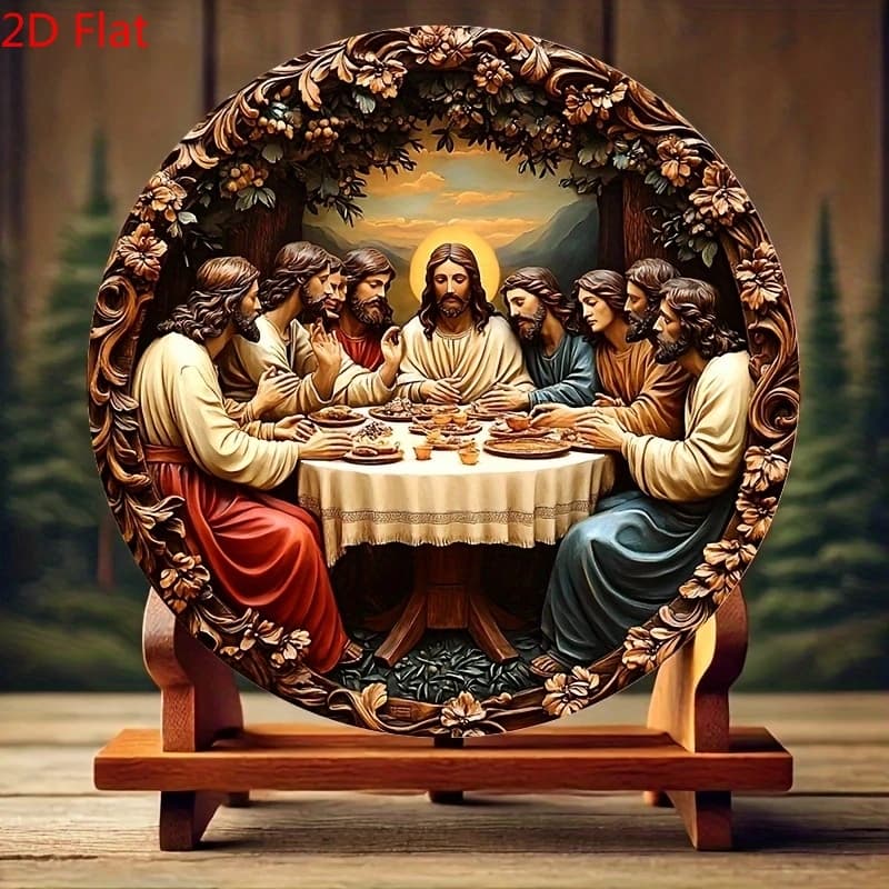 2D 8-inch Metal Iron Round Plate Jesus and Disciples Flat Christian Religious Art Church Prayer Room Living Room Home Decoration