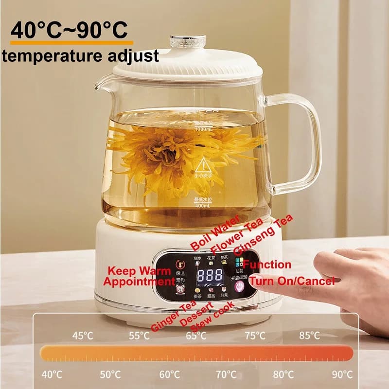 Electric kettle 1.3 liters 24 hours of appointment Stufato kettle 500W Multi-functional sanitary kettle with temperature control Glass flower teapot