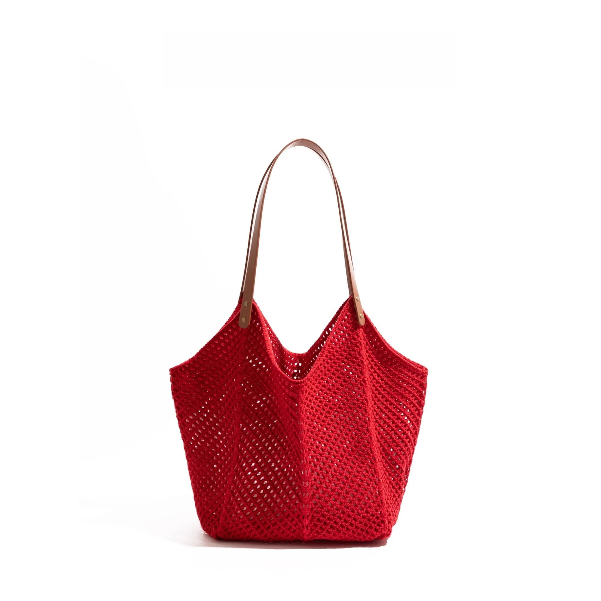 CKKUI Cotton Knitted Red Handbags Handmade Woven Beach Shopping Storage Bag Fishing Net Design Simple Shoulder Phone Purse