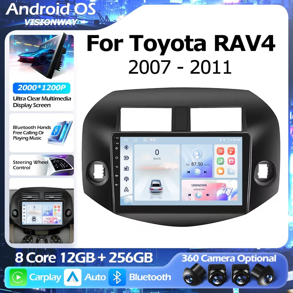 Android 16 Bluetooth Per Toyota RAV4 2007-2011 Autoradio Lntelligent Lettore Multimediale Auto Senza Fili CarPlay WIFI 4G DSP GPS