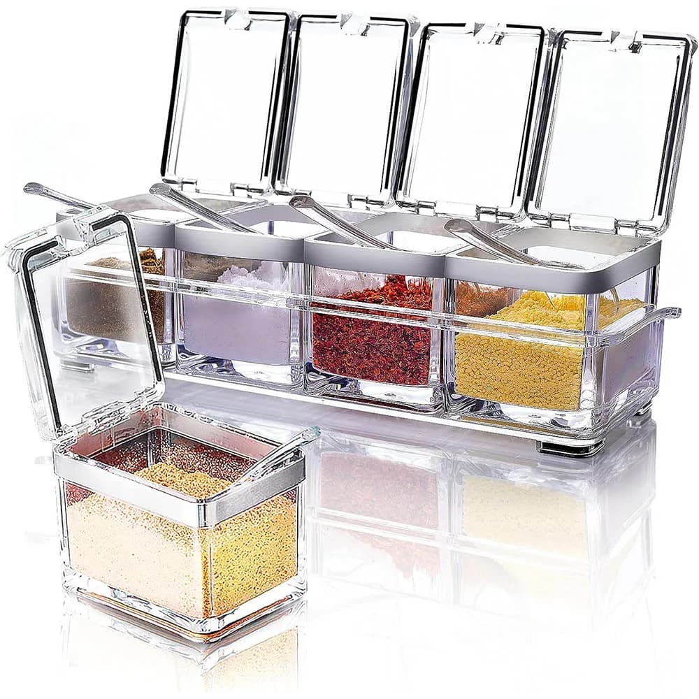 Accessori da Cucina: Set di Barattoli per Spezie in Acrilico Gourmet con 4 Cucchiai, Contenitori per Condimenti, Bottiglie per Spezie, Utensili da Cucina