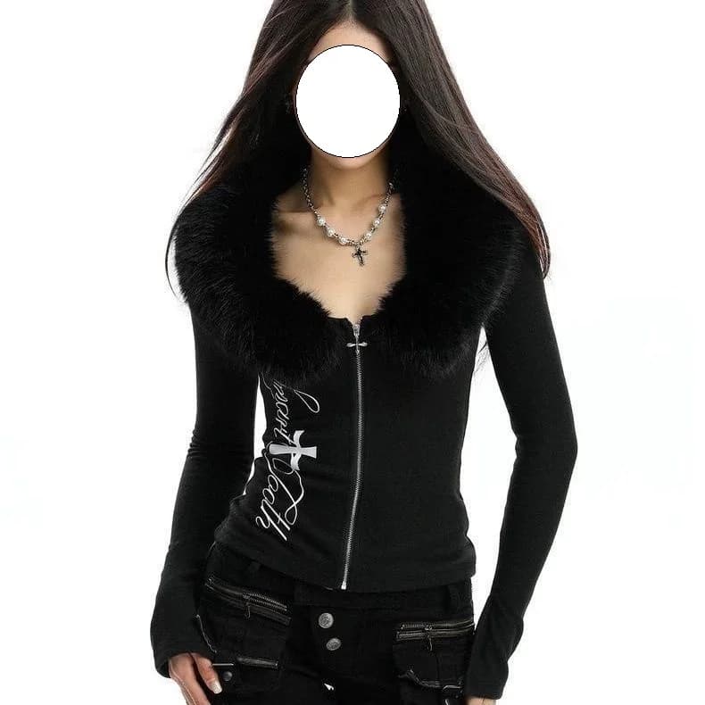 T-Shirt a Maniche Lunghe Stile Punk da Donna, Cardigan Slim Fit con Cerniera e Colletto in Pelliccia Staccabile, Outfit Autunnale alla Moda