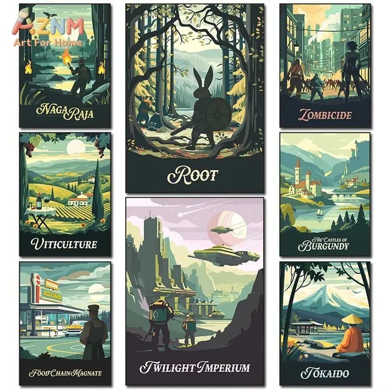 AZNM Retro Board Game Art Canvas Poster Frameless Wall Art Root Zombicide Twilight Imperium Vintage Travel Fantasy Game Illustra