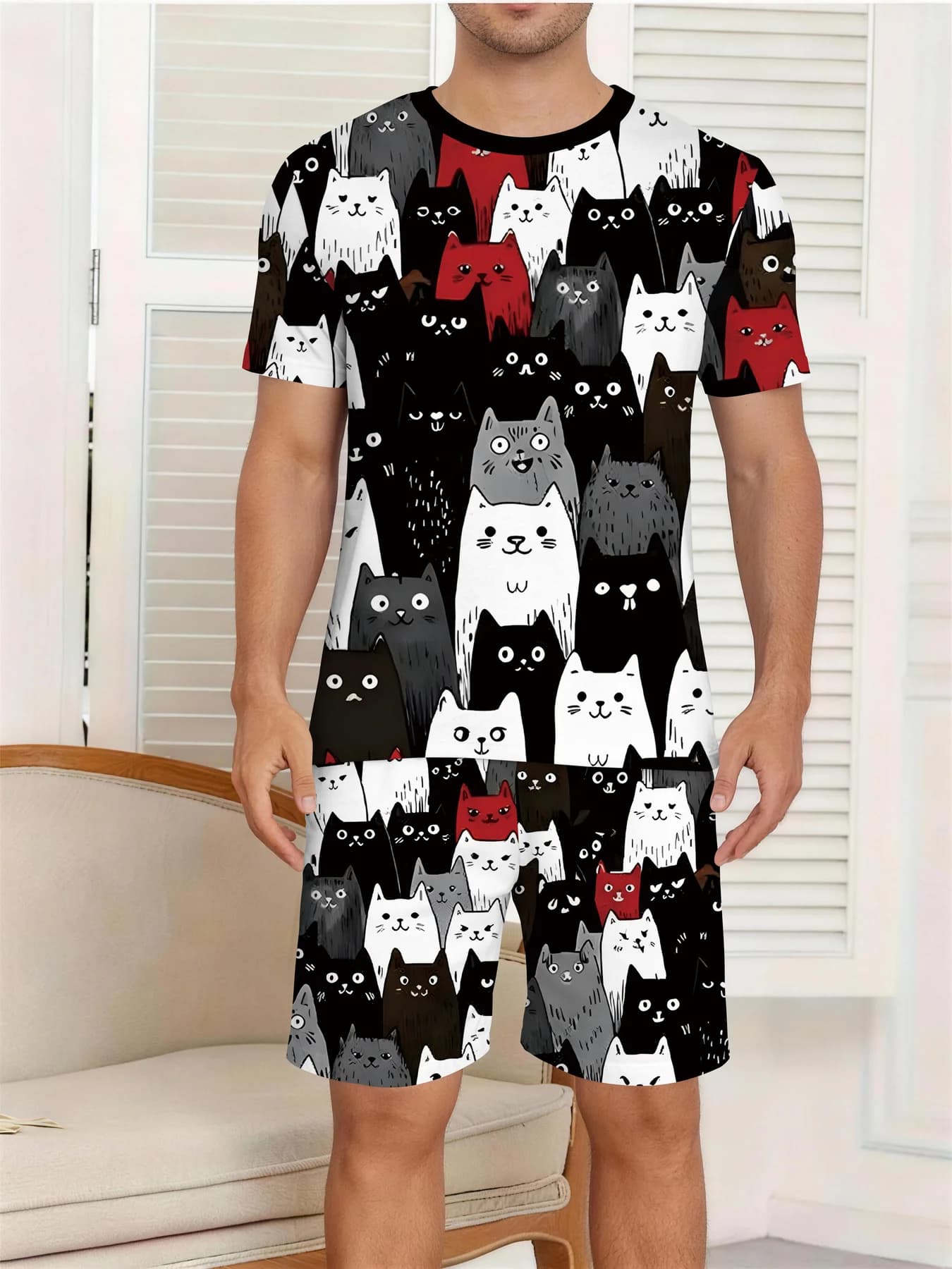 Bestselling full print cat dinosaur Hawaii 3D cute casual sports set, unisex activity vacation top, shorts two-piece set