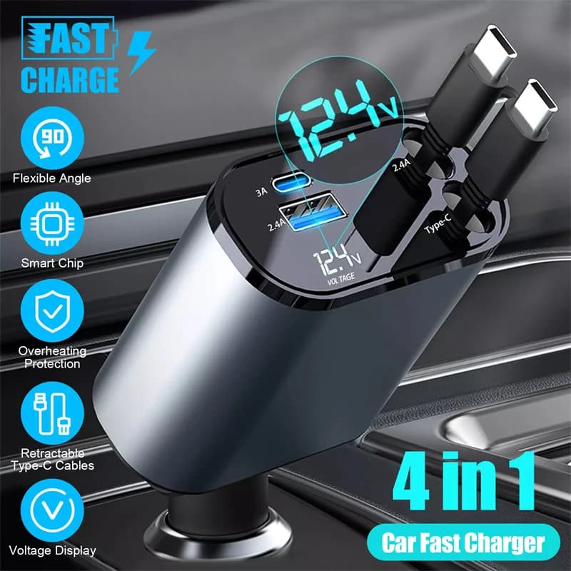 New 120W 4 In 1 Retractable Car Charger USB C For Fast Charging Cable Cigarette Lighter Adapter