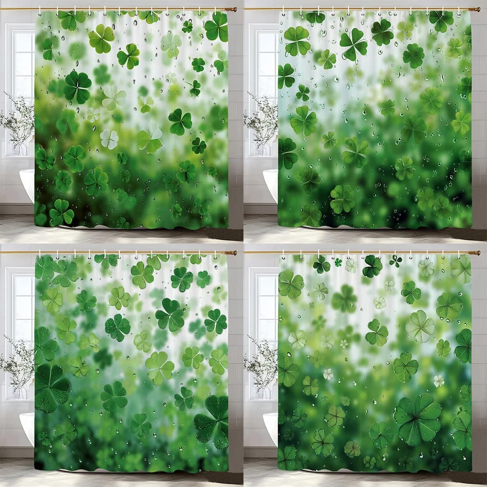 Tenda da doccia con motivo foglie verdi e trifoglio portafortuna, tenda da doccia decorativa per bagno, tenda per la casa con ganci