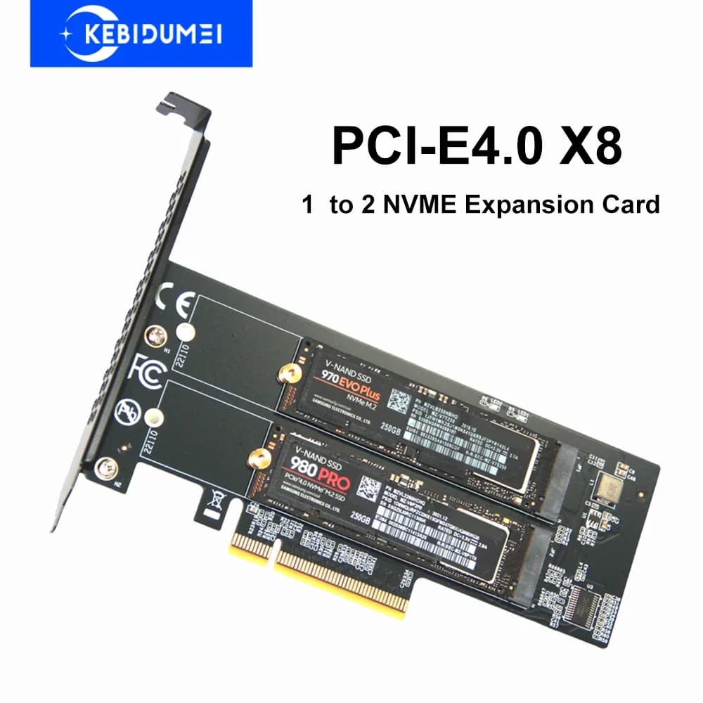 1 to 2xNVME Expansion Card PCle4.0 X8 for M.2 NVMe SSD PC Motherboard X1 X4 X8 Expansion Card PCIe 3.0 For 2230 2242 2260 2280