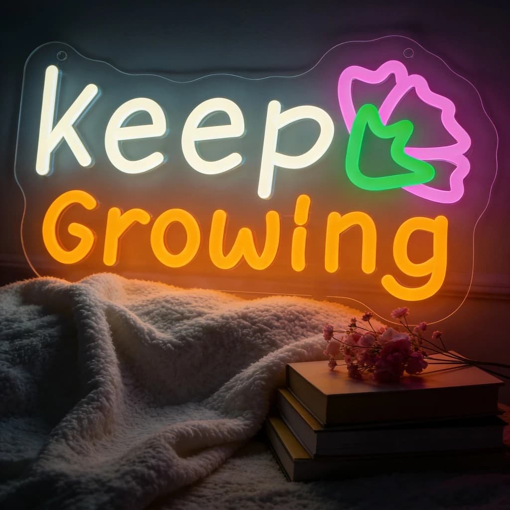 Insegna LED Neon con Citazione Motivazionale 'Keep Growing', Decorazione da Parete per Casa, Ufficio, Camera da Letto, Caffetteria, Regalo Motivazionale, Luce Calda