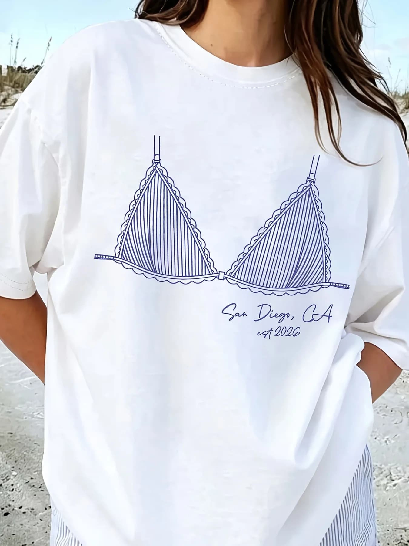 2026 Women's Round Neck Summer Fashion New T-shirt Cute Swimsuit Line Drawing Printed Retro Fashion T-shirt