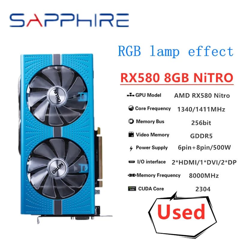 SAPPHIRE Original RX 580 8G NITRO graphics card RX 580 game graphics card GDDR5 function card RGB 256bit lamp effect 35% discount