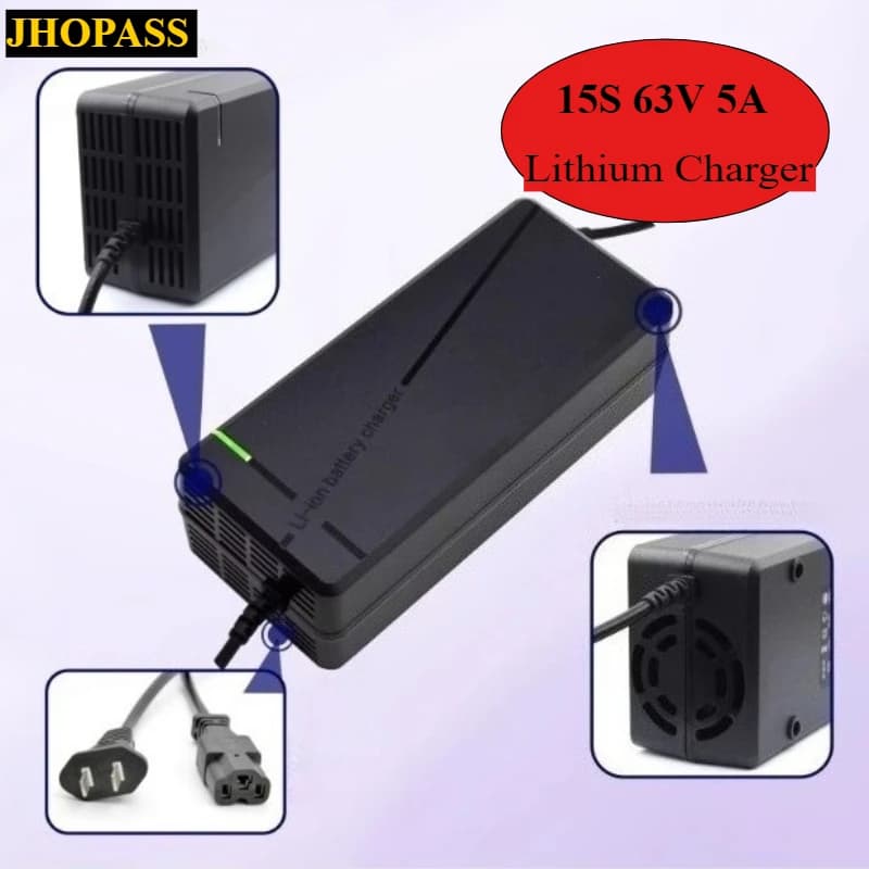 Caricabatterie Smart HD 63V 5A 15S LED per batterie al litio LiFePO4 da 63V 60V 55.5V per moto, e-bike, scooter, con spina AC110-220V AU EU UK US