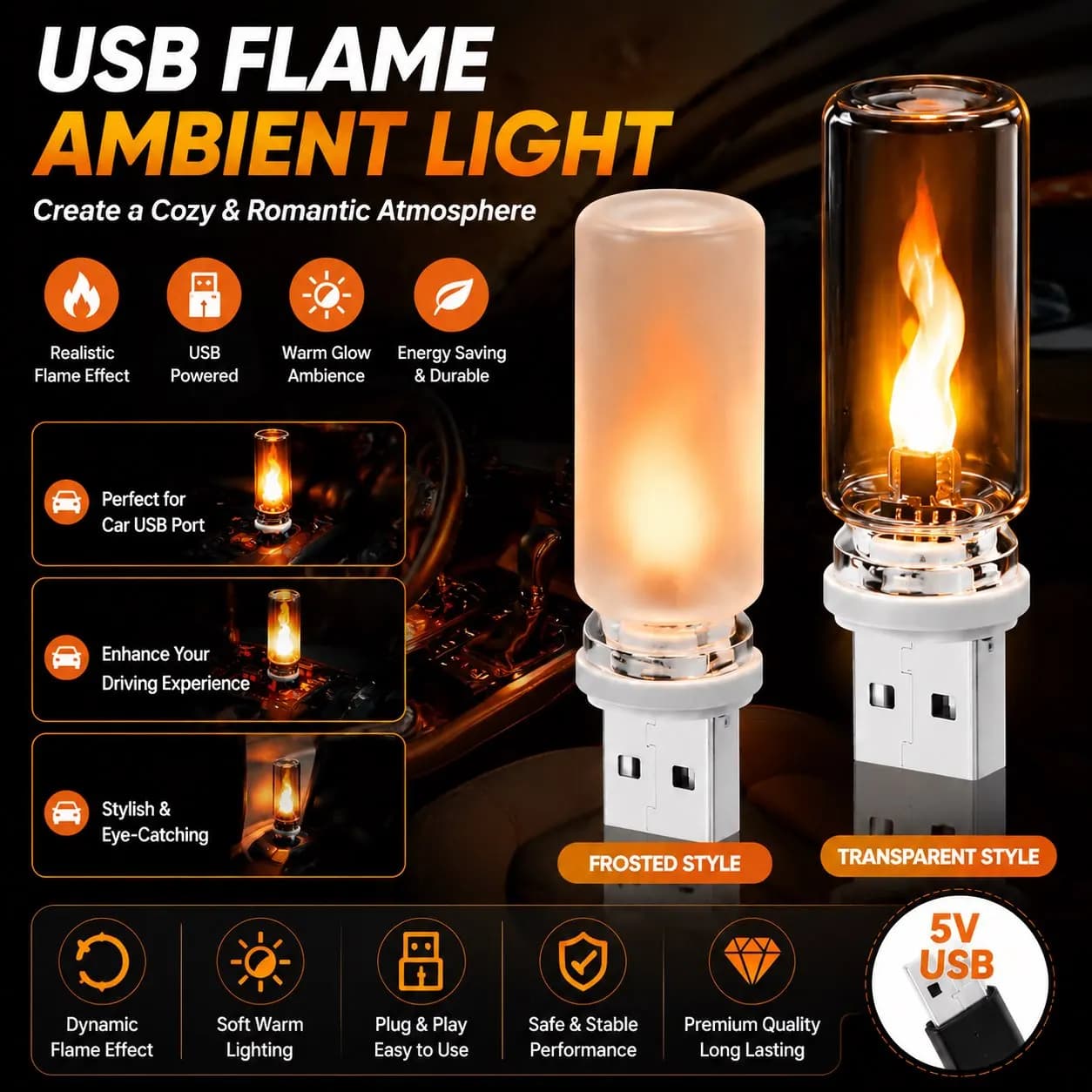 USB LED Flame Type Night Light Frosted Clear Glass Flickering Dynamic Flame Light Flash Mood Lighting for Car Interior Home Lamp