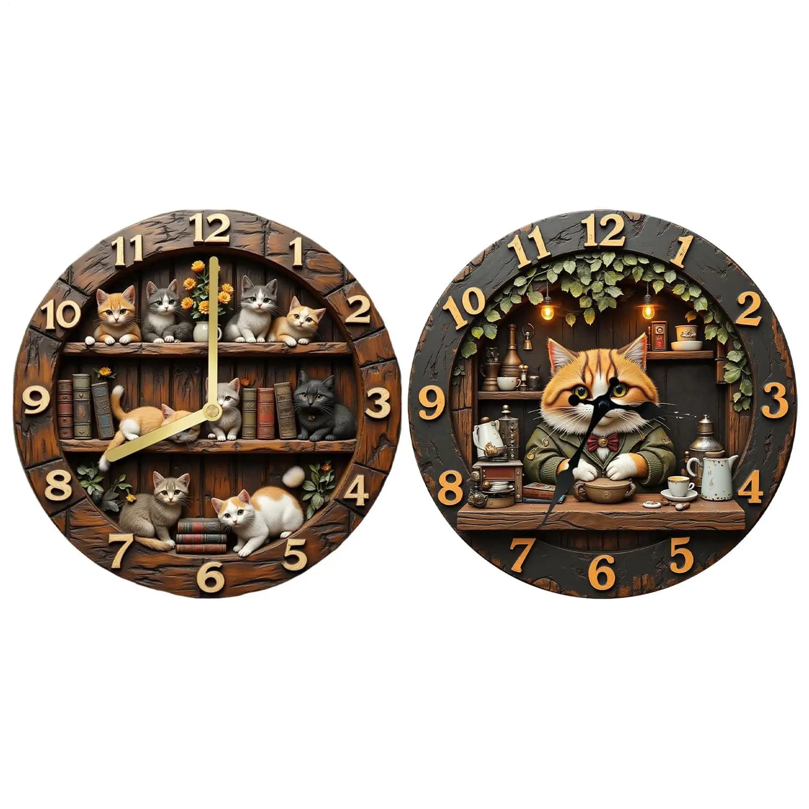 Orologio da parete a tema gatto in legno da 11,81 pollici, decorazione simpatica con animali per soggiorno, camera da letto, casa colonica, ufficio, orologio silenzioso
