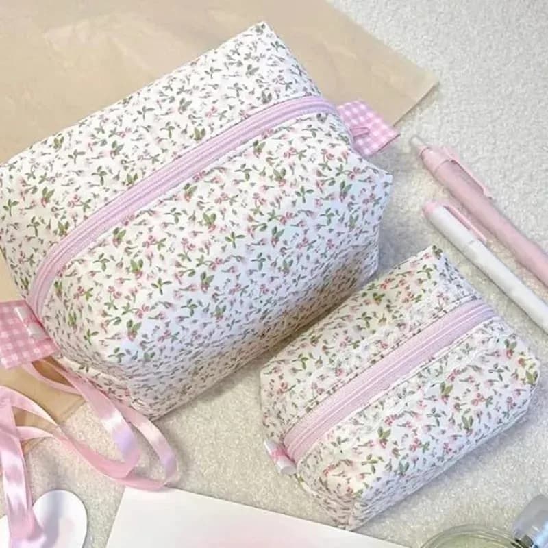 Storage Organizer Quilted Floral Inflated Makeup Bag Flower Printed Cosmetic Bag Large Travel Cosmetic Bag Makeup Accessories