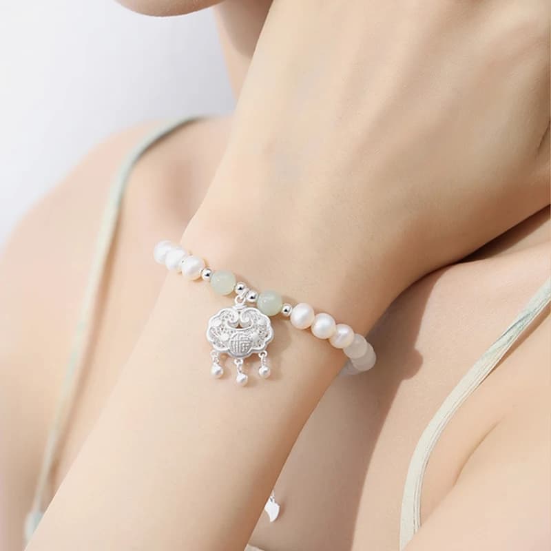 Bracciale con chiusura della pace con pietra occhio di gatto e perla d'acqua dolce pura 925 ago per donna Bracciale con perline fatto a mano di fascia alta Lady