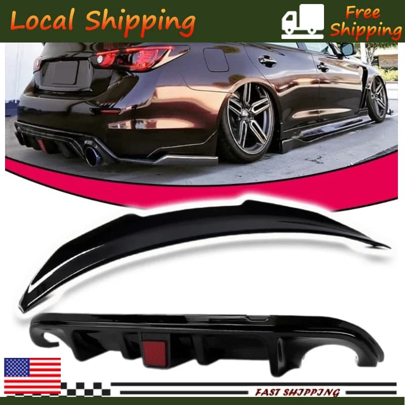 Rear bumper diffuser and rear spoiler for Infiniti Q50 2014-2017 with LED light, rear fin, carbon fiber body kit