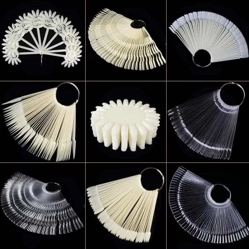 1 Set of Fake Nails with Clear Natural Black Nail Art Display Samples, Oval and Fan-Shaped Nail Samples, Polish Station Tips, Practice Nail Art Tools