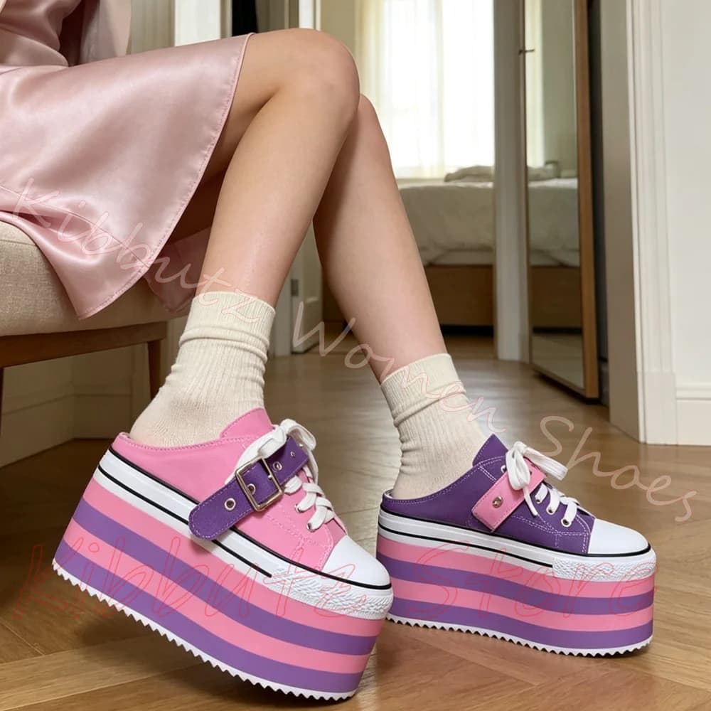 Layered Wedge Mule Sneakers Platform Canvas Streetwear Women Buckle Strap Lace Up Slip On Y2K Leather Shoes Mixed Color Sexy New