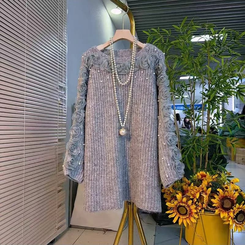 Design con perline per unghie rosa, cappotto lungo di media lunghezza, maglione lavorato a maglia dimagrante invernale, top da donna casual elegante tutto abbinato