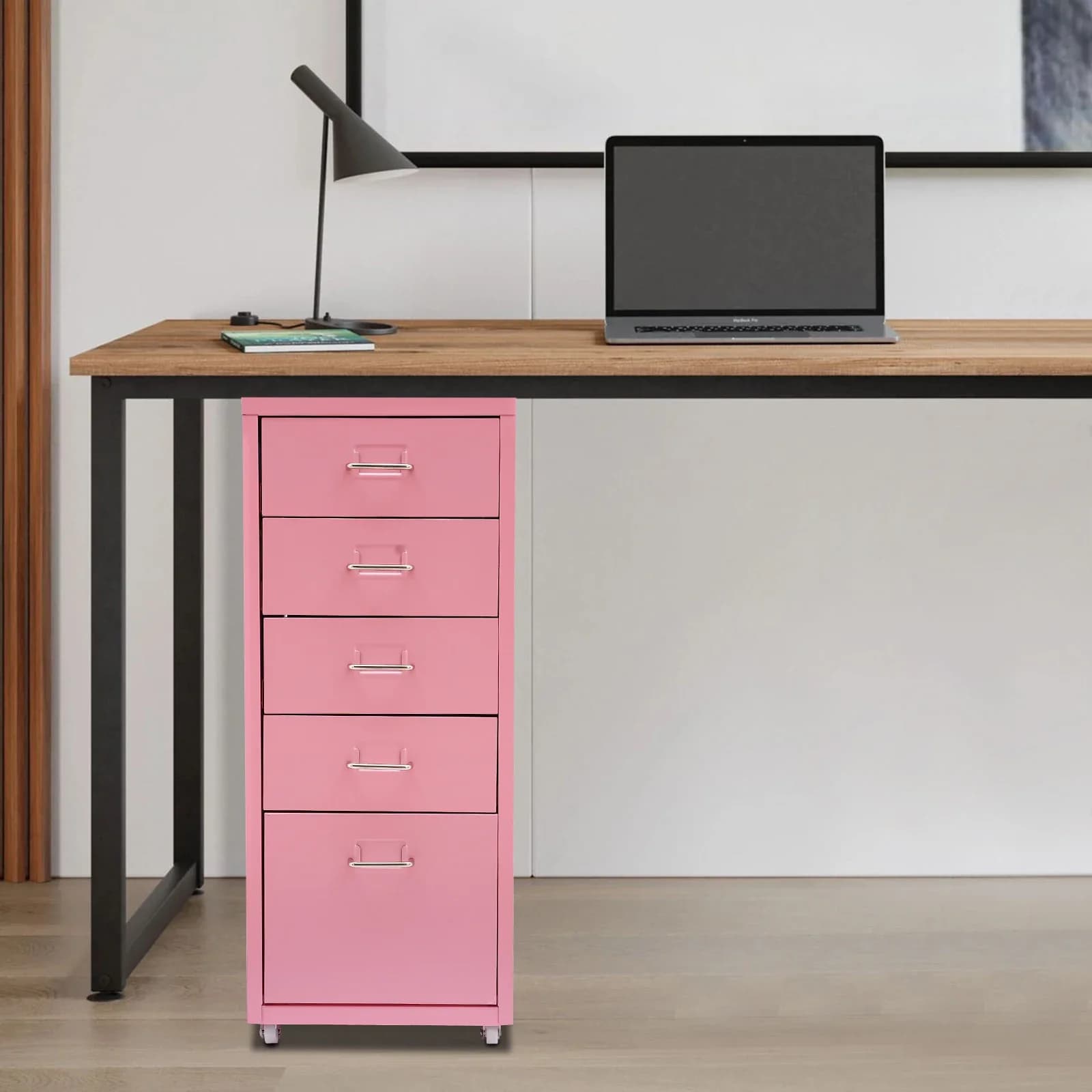 Armadietto portadocumenti rosa alto 27 pollici su ruote Armadietto portaoggetti a 5 cassetti, organizer mobile con cassetti con serratura per camera da letto dell'ufficio
