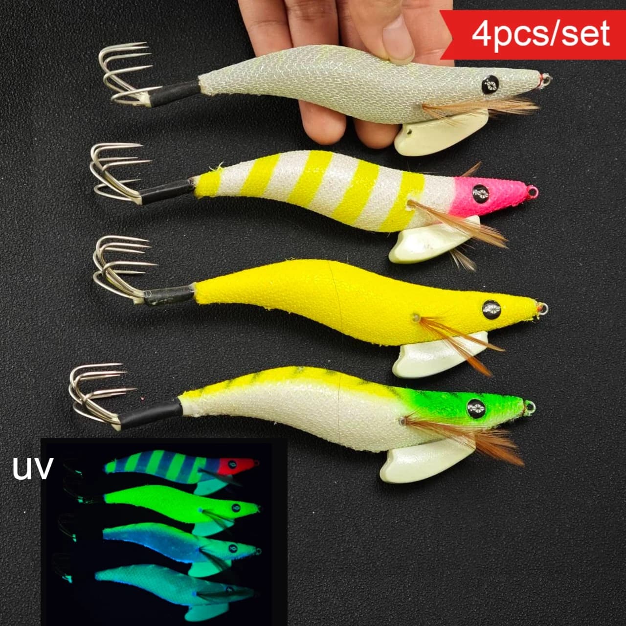 Set da 4 esche artificiali in legno da 14 cm a forma di gambero/calemarca, luminose UV, per la pesca in acqua salata di seppie e polpi (Egi Tackle)