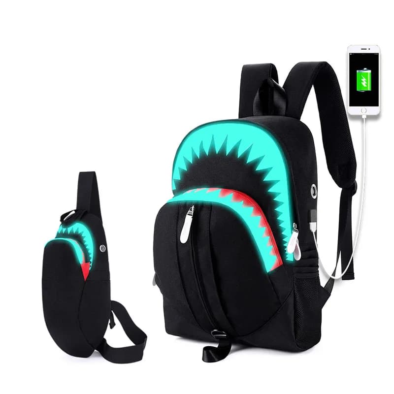 Zaino alla moda con ricarica USB, notte luminosa, squalo, zaino per laptop, studenti, borsa da petto, borse da scuola per adolescenti, borsa da viaggio