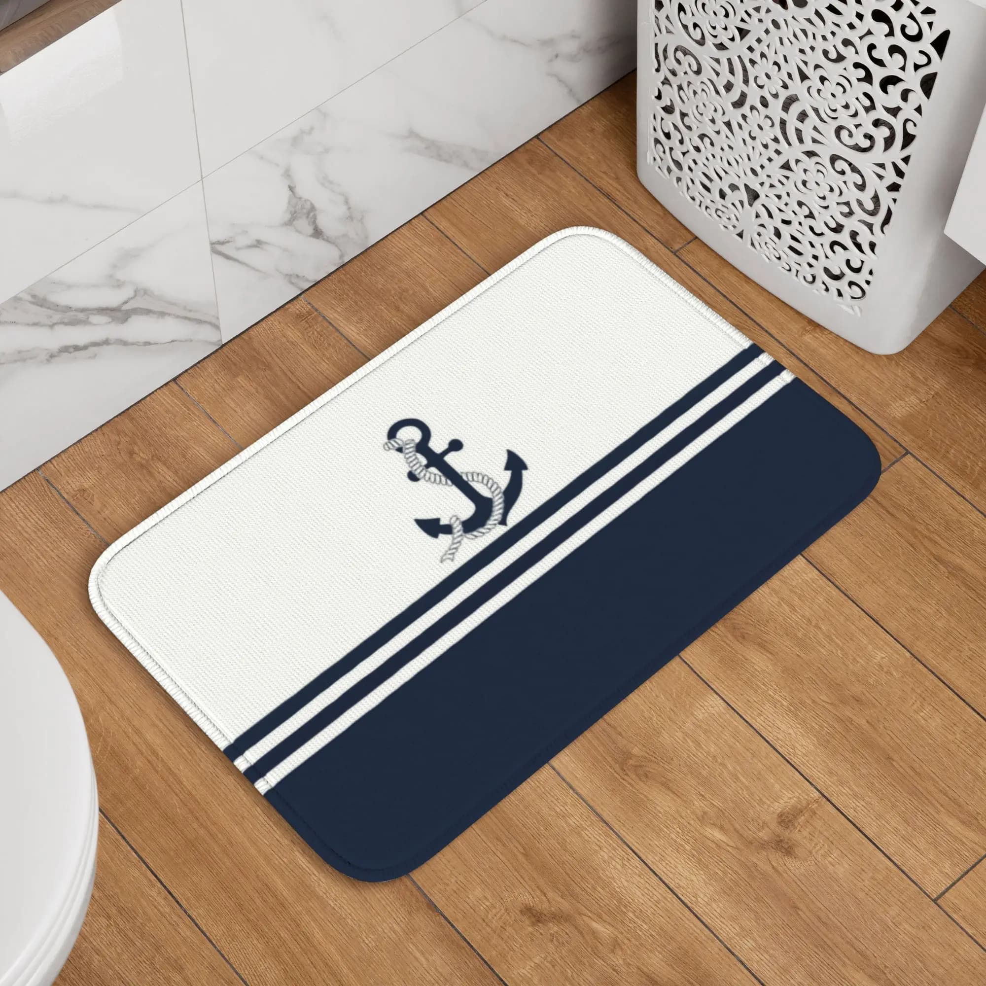 Tappetino Personalizzato Blu Navy con Strisce e Ancora Nautica, per Ingresso, Bagno, Cucina, Soggiorno, Tappeto per Pavimento