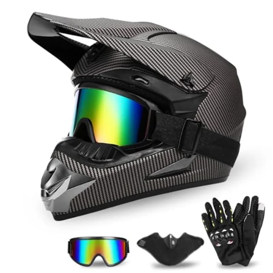 Casco Integrale per Moto Fuoristrada Certificato DOT - Kit Completo per Adulti con Occhiali, Guanti e Maschera, Visiera Regolabile e Sgancio Rapido