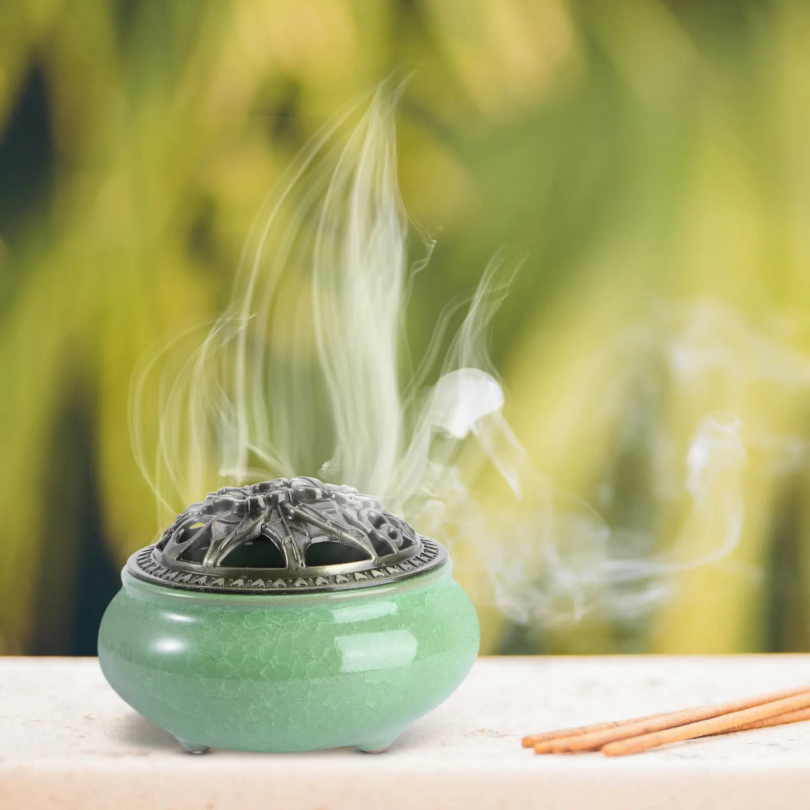 Bruciatore di incenso a cono in ceramica, porta bastoncini di incenso con design in lega, vassoio raccogli cenere, base tradizionale a 3 gambe stabile, decorativo