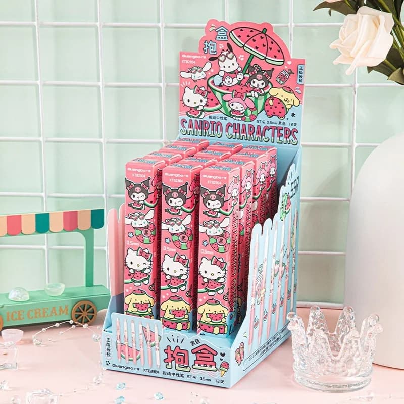 12 pz/lotto Sanrio Kuromi Melody Cinnamoroll Kitty Penna Gel Carino PomPomPurin 0.5mm Inchiostro Nero Presse Penne Firma Materiale Scolastico