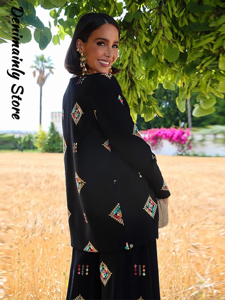 Vintage Women's Printed Blazer Jacket Pants Sets Shoulder Pads V Neck Lace Up Full Sleeve Jackets Wide Leg Pant 2026 Lady Outfit