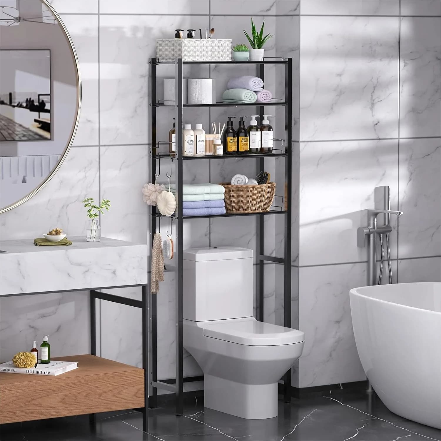 Scaffale portaoggetti a 4 livelli sopra il WC, mobiletto organizer per bagno, scaffale autoportante a altezza regolabile salvaspazio, nero