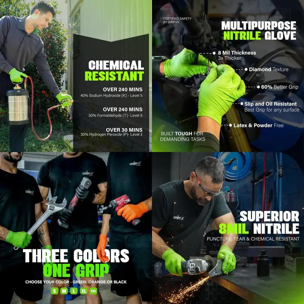 Guanti in Nitrile Verde Resistenti da 8 Mil con Texture a Diamante 3D, Senza Lattice e Senza Polvere, Ideali per Uso Industriale e Meccanico