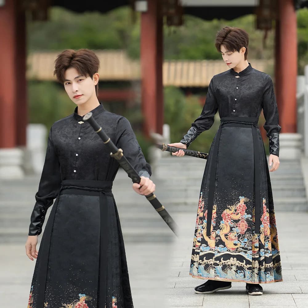 Hanfu tradizionale nazionale cinese stile Costume uomo antico Cosplay Performance giacca gonna cavallo faccia gonna stile vestito