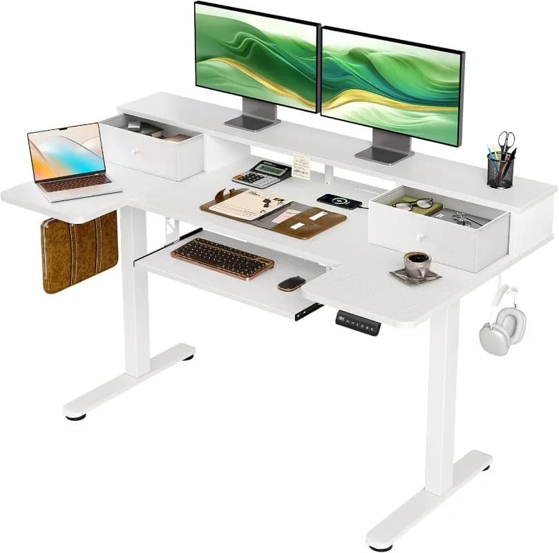 OffiGo U Shaped Electric Standing Desk with Drawers, Height Adjustable Desk with Keyboard Tray ＆ Ergonomic Monitor Stand,
