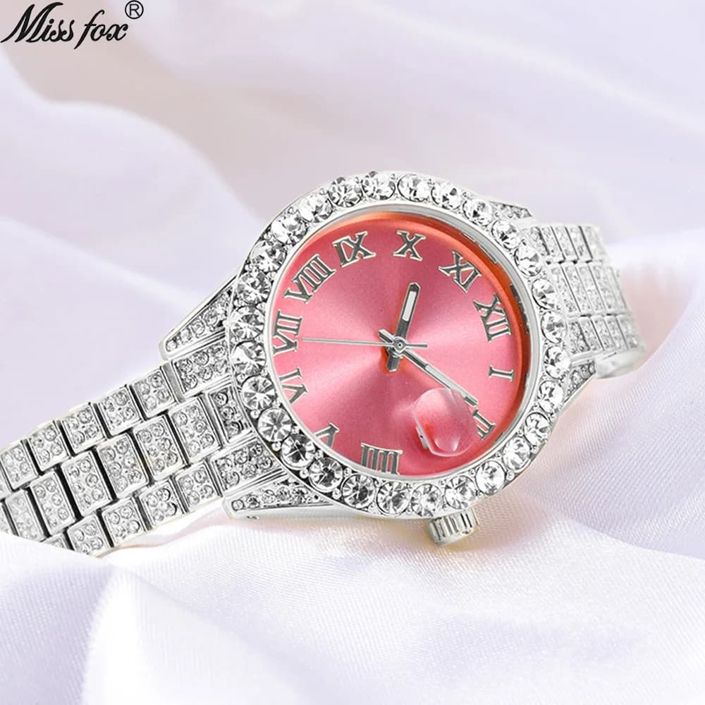 Orologio ghiacciato da donna moda scala romana quadrante rosa calendario con diamanti di lusso orologi al quarzo impermeabili per donna regalo Drop Shippin