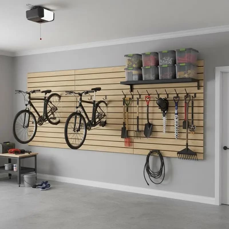 Wall Storage Boards 48x48in For Garage Workshop Retail Shop Modular Design Natural Wood Texture Adjustable Coupling Structure DIY Cutting Customizable Organization Display System