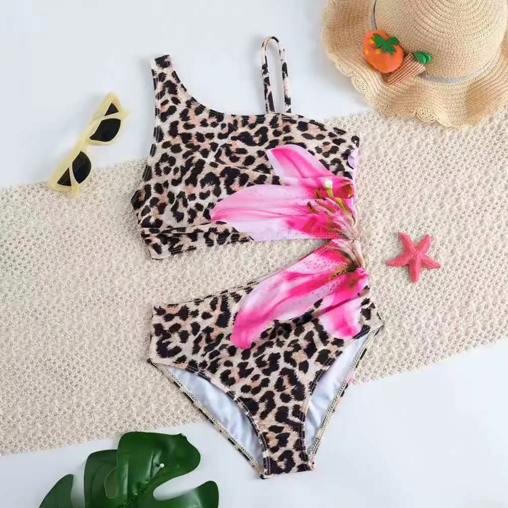 Costume da bagno intero monospalla leopardato per bambina, con fiori, per bambini 8-12 anni, abbigliamento da spiaggia, con cut-out