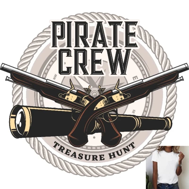 PIRATE CREW Pirate - style Double - Gun & Telescope Heat - Transfer White Ink Iron - on Sticker, Trendy Decor for T - shirts,