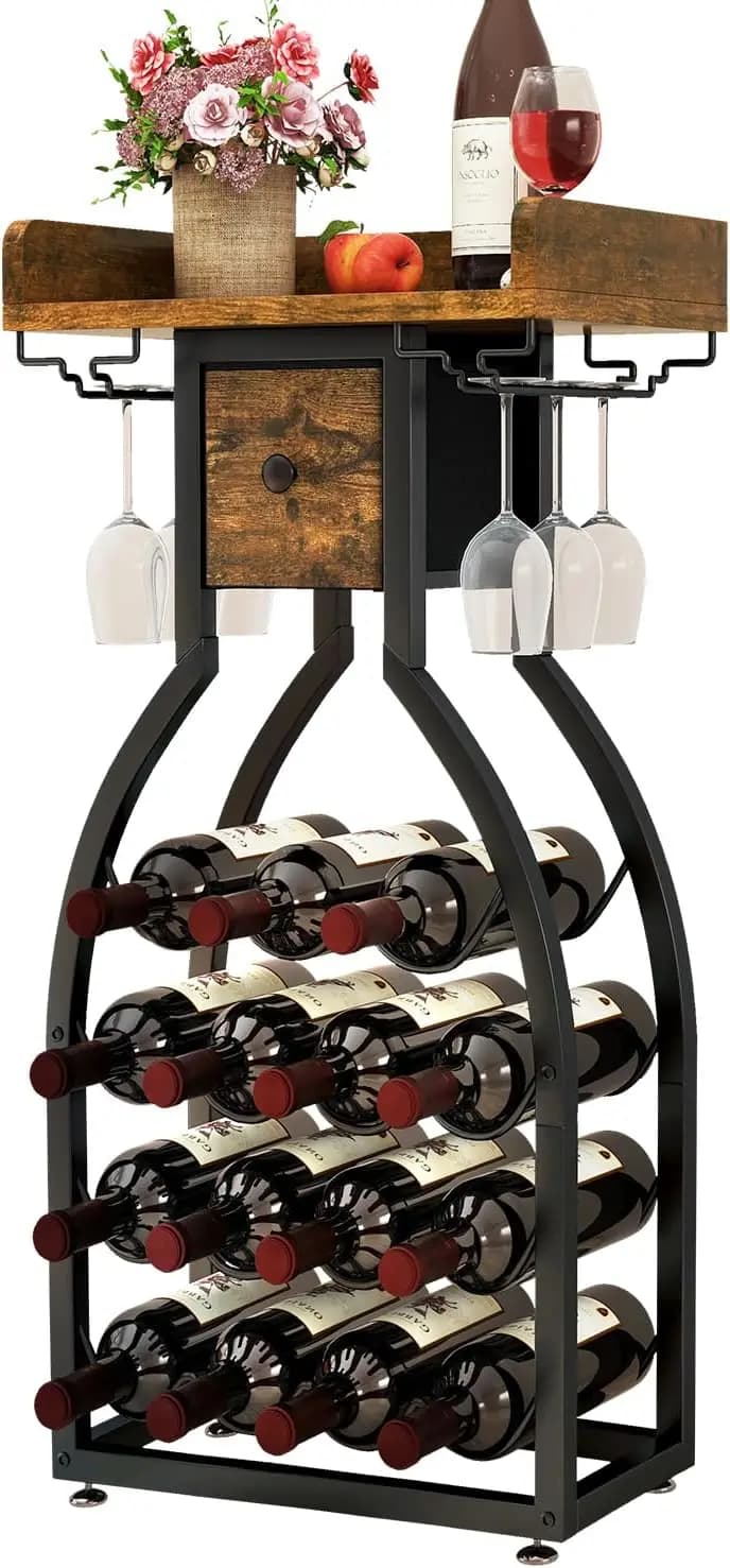 Portabottiglie da Terra Autoportante, Cantinetta per 15 Bottiglie con Portabicchieri, Mini Bar con Cassetto Portaoggetti