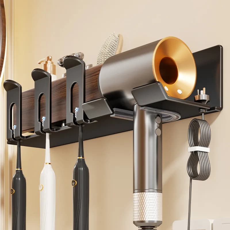 Wall mount for electric toothbrush, without drilling, with integrated hairdryer door and glasses holder for mouthwashing and teeth