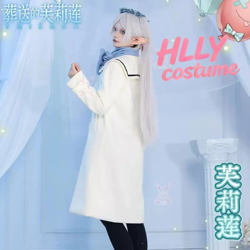 Frieren Cosplay Costume Winter Wool Coat Cream White Double-Breasted Red Buttons Blue Scarf Mage Staff Full Set