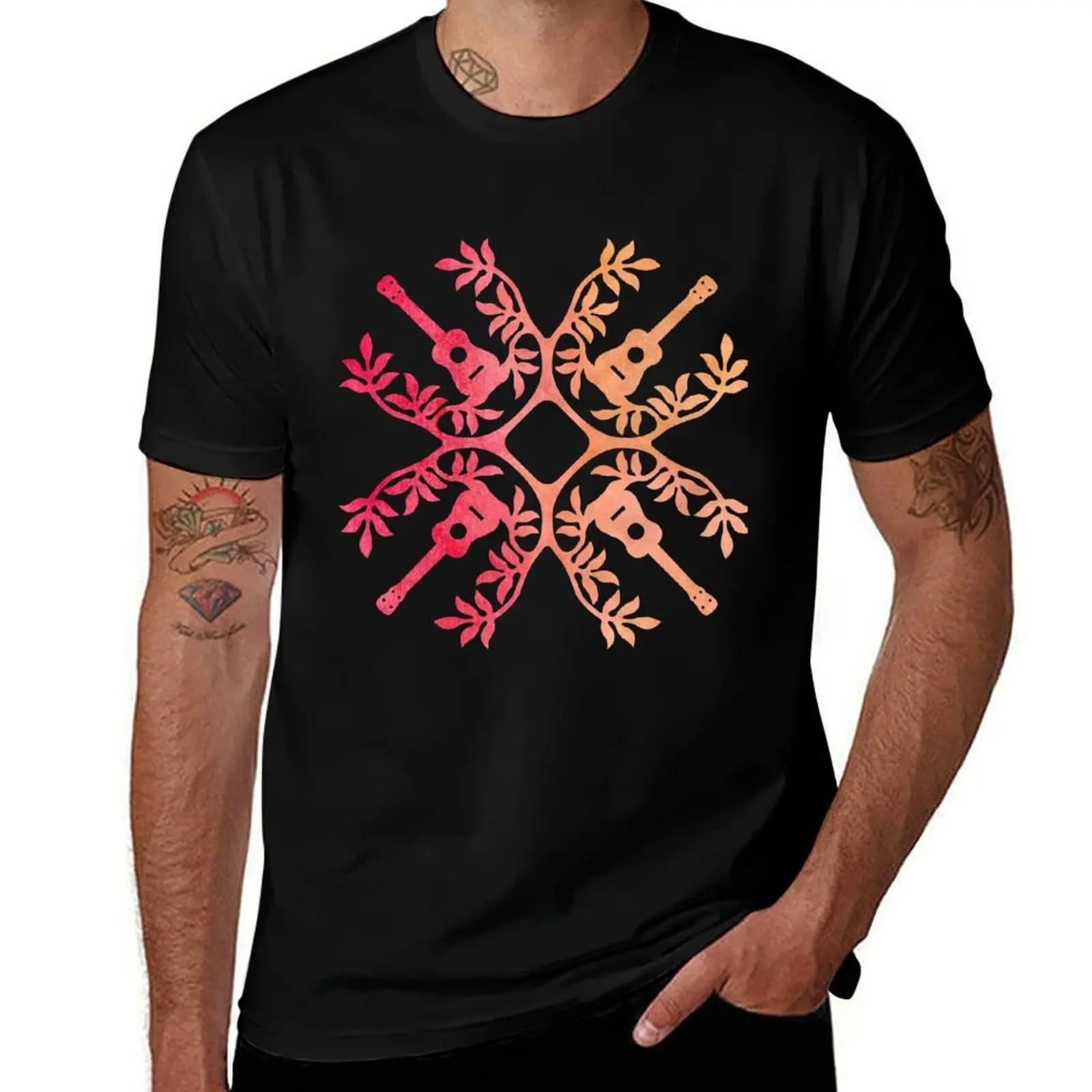 Hawaii Mele Music Quilt Tribal Tattoo Ukulele tshirt T-Shirt man t shirts for men T-Shirt