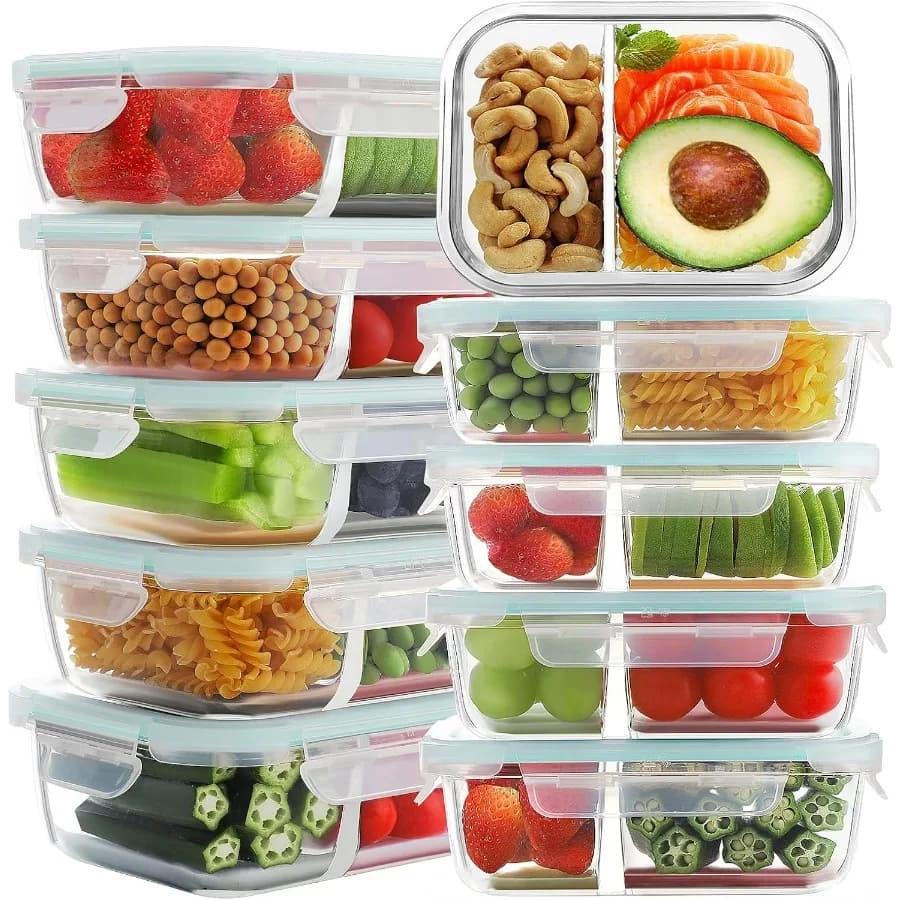 Confezione da 10 contenitori per la preparazione dei pasti in vetro, 2 scomparti, conservazione degli alimenti con coperchi, scatole ermetiche per il pranzo Bento, senza BPA e a prova di perdite (10