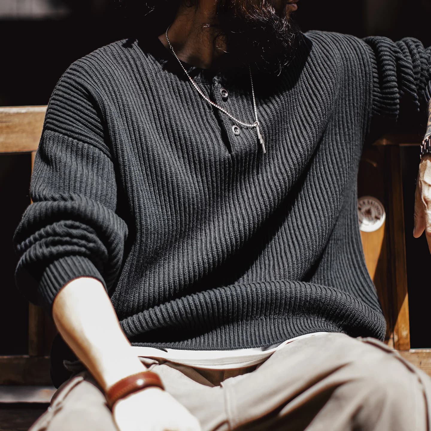 Maden Men's Retro Heavyweight Henley Sweater Thickened Warm Black Knit Pullover Loose Fit Knitwear for Autumn and Winter Tops