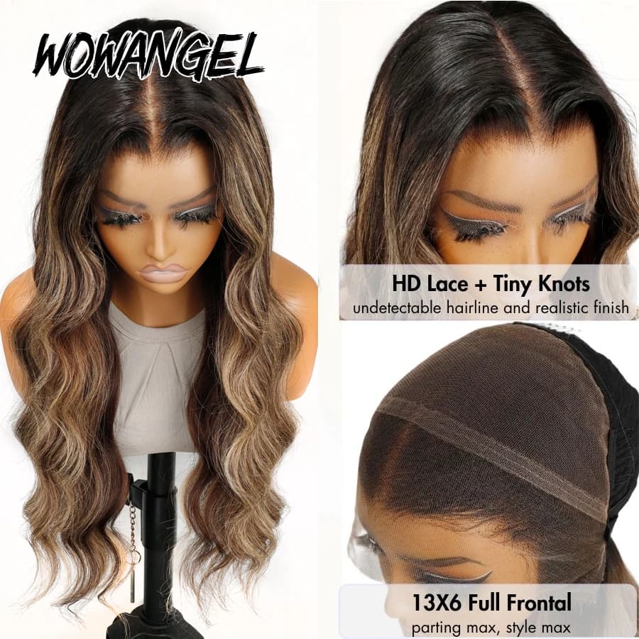 WOWANGEL Balayage Highlight Body Wave Wig 100% Human Hair 13x6 HD Lace Full Frontal Wig Pre Plucked Ombre Brown Blonde Lace Wig