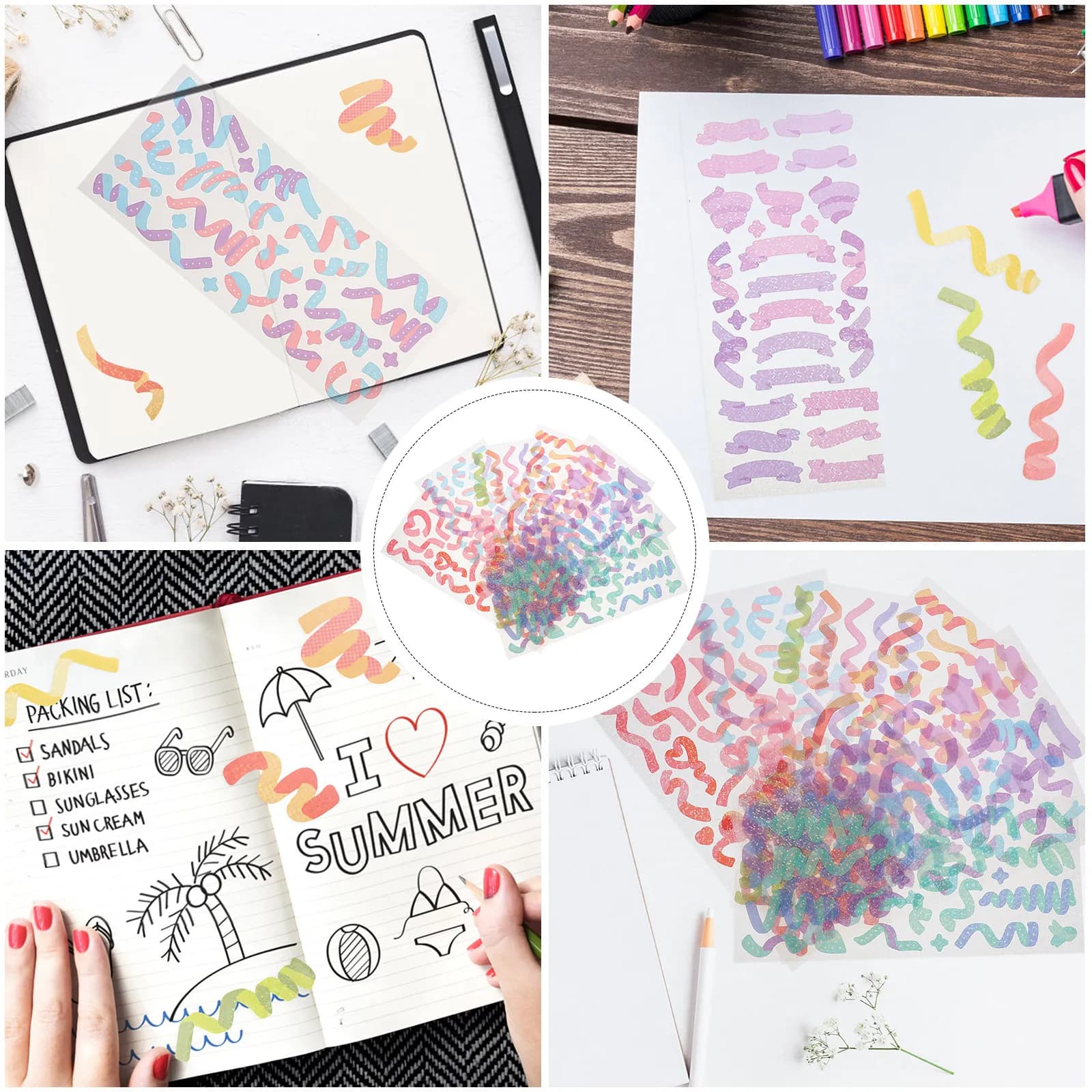 7 Pezzi di Adesivi Colorati a Nastro, Autoadesivi con Glitter Brillanti, Decorativi per Fai-da-Te, Scrapbook, Album, Planner, Quaderni