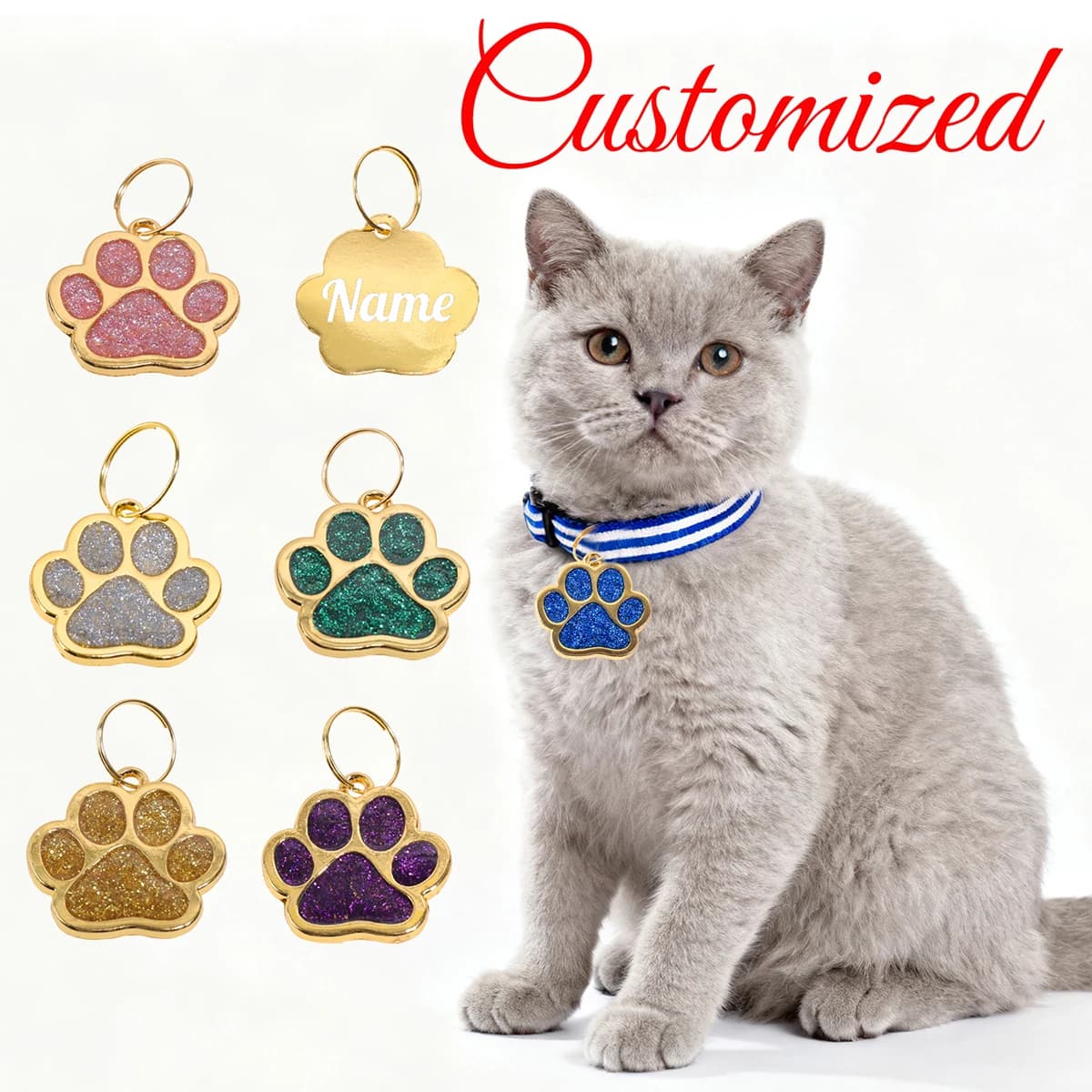 Custom Cans and Cats Color Gold with Name, Glittered Claw, Custom Text, Laser Engraving, Collar Pendant, Home Animal Identification Plate
