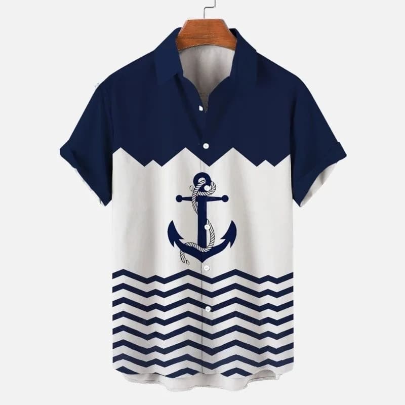 Men's 3D Boat Anchor Stripe Print Hawaiian Shirt Special Wide Fit Fleece Lined Thickened Collar Nine Sleeve Length